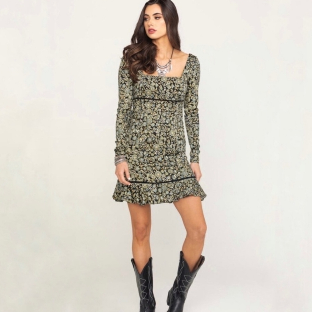 Free People Black Floral Long-Sleeve Mini Dress